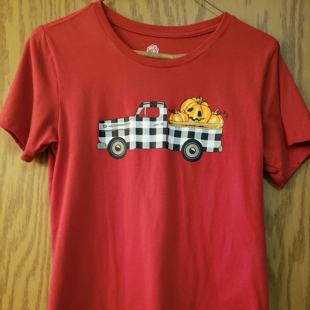 Very cute red, short sleeved t shirt with plaid truck and pumpkin details.